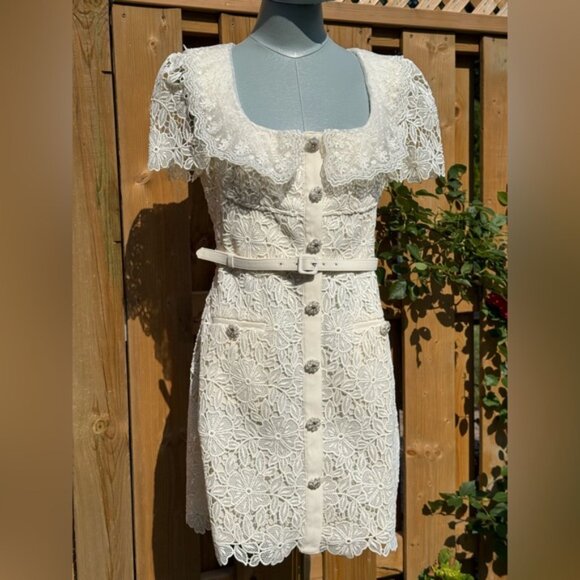 🆕 SELF-PORTRAIT 🧿 NWT Cream Guipure Lace Belted Mini Dress, Sz UK 10 US 6 - Picture 2 of 16